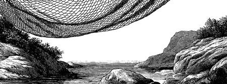 Engraved coastal scene with fishing net draped over rocky landscapeのイラスト素材