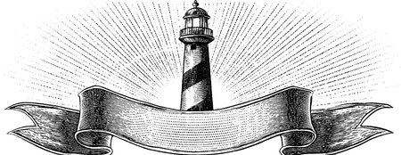 Engraved lighthouse with radiant light and vintage ribbon design for nautical themesのイラスト素材