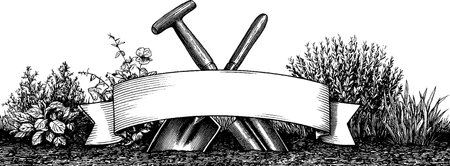 Engraved garden tools with blank banner design for botanical themesのイラスト素材