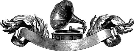 Vintage gramophone with ornate design and ribbon banner for antique music themeのイラスト素材
