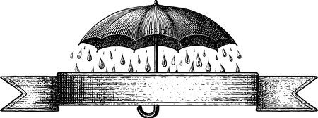 Vintage engraved umbrella with raindrops and banner design for print and decorationのイラスト素材