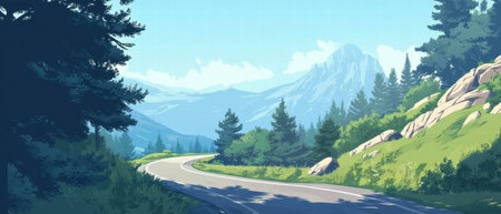 Winding mountain road with steep cliffs and lush greenery invites adventureの写真素材