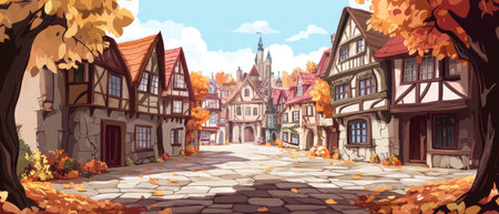 Charming cobblestone street in a picturesque old town during autumnの写真素材
