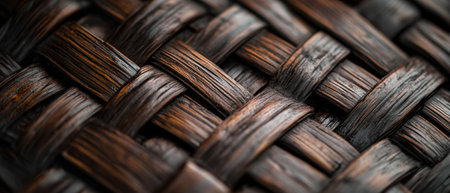 Cinematic close-up of woven wicker texture showcasing rich, dark tonesの写真素材