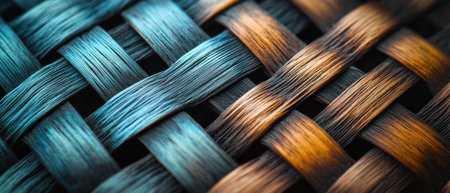Cinematic exploration of woven wicker texture with vibrant colors and intricate details