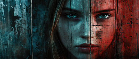 Cinematic view capturing the texture of weathered wood with vibrant color contrastの写真素材