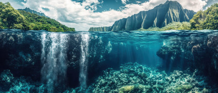 Cascading underwater waterfall flowing into the deep ocean surrounded by lush greeneryの写真素材
