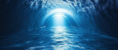 Cinematic view of an underwater tunnel illuminated by bright light at the endの写真素材