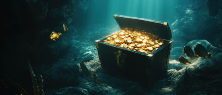 Underwater treasure chest filled with sparkling gold coins surrounded by ocean lifeの写真素材