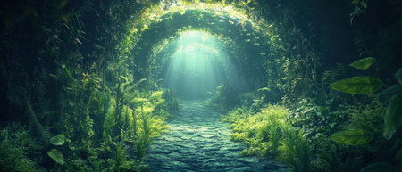 Cinematic view of an enchanting underwater tunnel illuminated by ethereal lightの写真素材