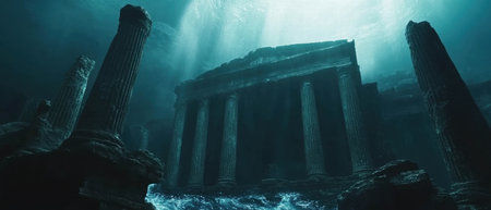 Mysterious underwater ruins of an ancient city illuminated by soft sunlightの写真素材