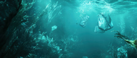 Underwater pollution caused by plastic bags and bottles in a marine environmentの写真素材