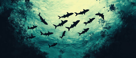 Silhouetted migration path of marine creatures in a vibrant underwater landscapeの写真素材