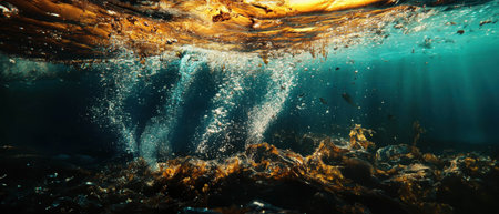 Cinematic underwater scene with dark liquid and rising bubbles in deep waterの写真素材