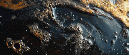 Dark oil and bubbles create a striking underwater view of an oil spill in the ocean depthsの写真素材