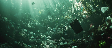 Underwater view of plastic pollution showcasing bags and bottles in ocean depthsの写真素材