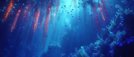 Underwater kelp forest glowing with bioluminescent plankton at nightの写真素材