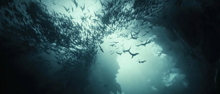 Cinematic shot captures underwater migration path with silhouettes of marine creatures