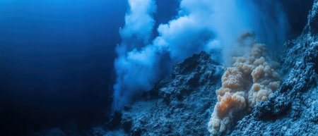 Cinematic view of underwater hydrothermal vent releasing hot water and mineralsの写真素材