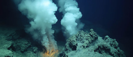 Cinematic view of underwater hydrothermal vents releasing hot water and mineralsの写真素材