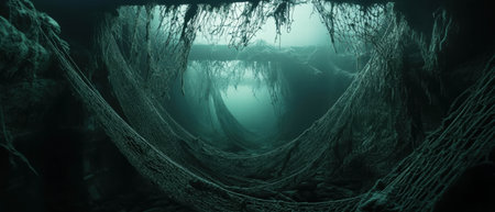 Underwater perspective of fishing nets capturing debris in a serene ocean environmentの写真素材