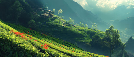 Cinematic view of lush tea plantation on hillside with vibrant colors and dynamic lightingの写真素材