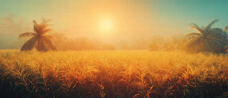 Cinematic view of a vibrant sugar cane field illuminated by bright sunlightの写真素材