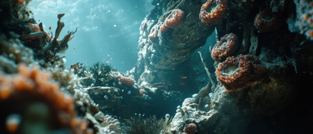 Cinematic view of a sunken ship adorned with vibrant barnacles and coral formationsの写真素材