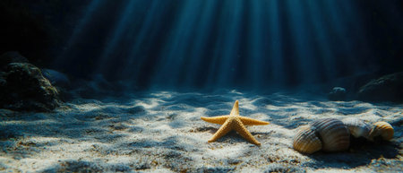 Cinematic view of sandy seabed featuring starfish and delicate shellsの写真素材