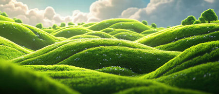 Cinematic view of vibrant rolling hills under a bright sky filled with soft cloudsの写真素材