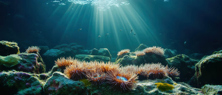 Rocky seabed with vibrant anemones and sea urchins illuminated by sunlight