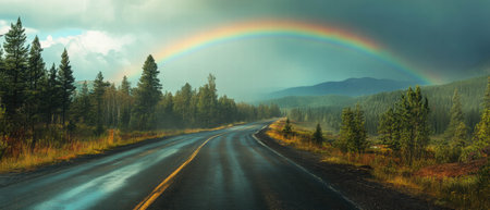 Cinematic view of a winding road under a vibrant rainbow after a rainstormの写真素材