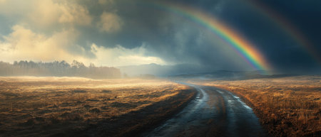 Cinematic view of winding road beneath vibrant rainbow in serene landscapeの写真素材