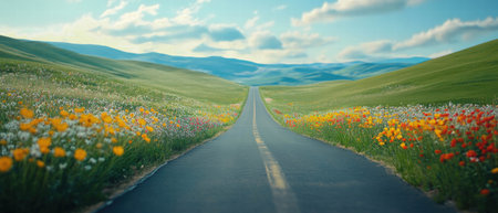 Cinematic perspective of a road weaving through a vibrant field of wildflowers