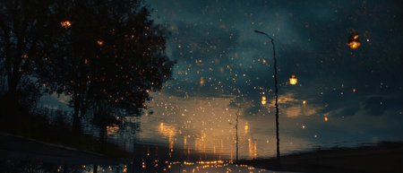 Cinematic view of road reflecting a starry night sky with shimmering lights