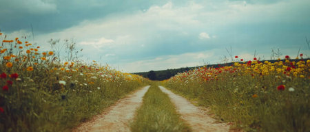 Cinematic view of a winding road through a vibrant wildflower field under a cloudy sky