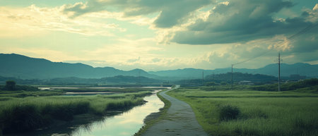 Scenic road winding along a tranquil riverbank under a cloudy skyの写真素材