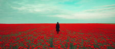 Vibrant poppy field under a vast sky with a solitary figure walking through blossomsの写真素材