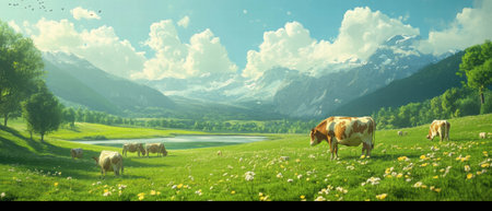 Cinematic pasture view with vibrant colors and grazing cows in a serene landscapeの写真素材