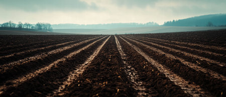 Cinematic view of plowed field with dark soil under a dramatic skyの写真素材
