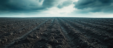 Cinematic view of a plowed field with dark soil under a moody sky