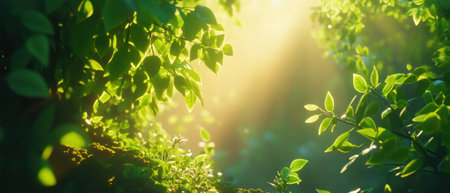 Sunlight filters through lush green leaves in a vibrant forest settingの写真素材