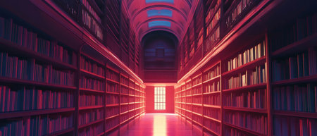 Cinematic view of an enchanting library filled with books and vibrant colorsの写真素材