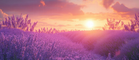 Cinematic view of lavender fields at sunset showcasing vibrant colors and serene landscapeの写真素材