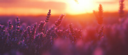 Lavender field illuminated by sunset colors with vibrant tones and tranquil beautyの写真素材
