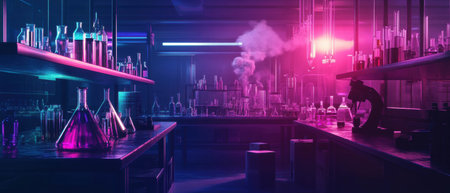Cinematic laboratory filled with colorful beakers and test tubes under dramatic lightingの写真素材