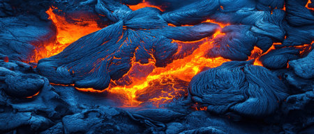 Cinematic view of a lava cave showcasing glowing cracks and vibrant colors during twilightの写真素材