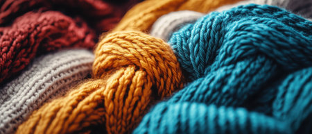 Cinematic shot showcasing vibrant knitted wool texture in rich saturated colors