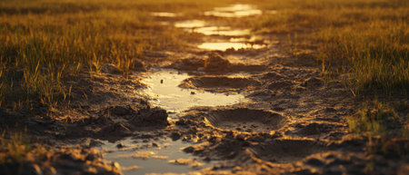 Hoofprints leading through a muddy field at sunset with rich saturated colorsの写真素材