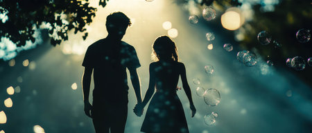 Cinematic depiction of shadows holding hands amidst floating bubbles in a moonlit forest
